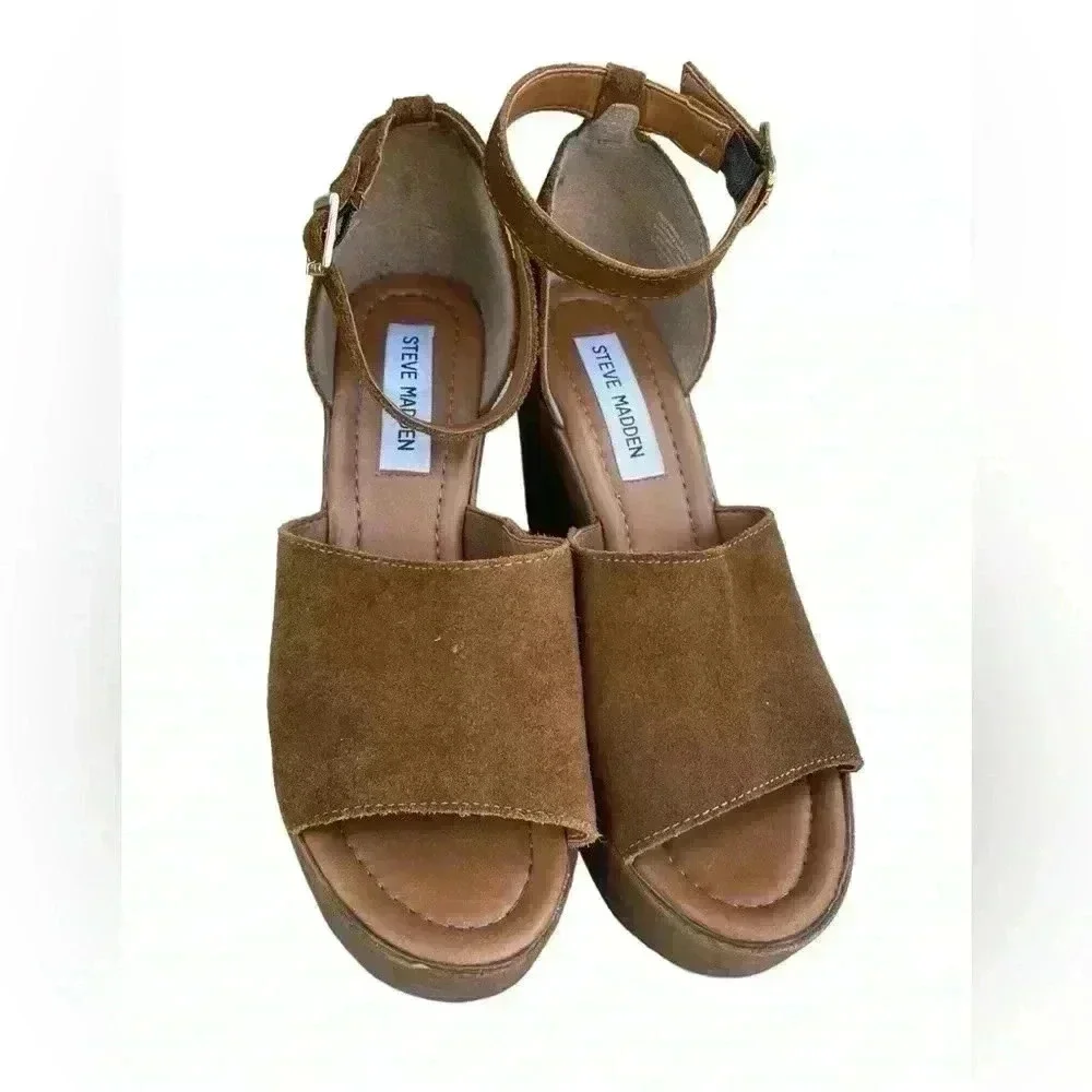 Steve Madden Ankle Strap Bellini Platform Wedge Brown Suede sandals sz 7.5
